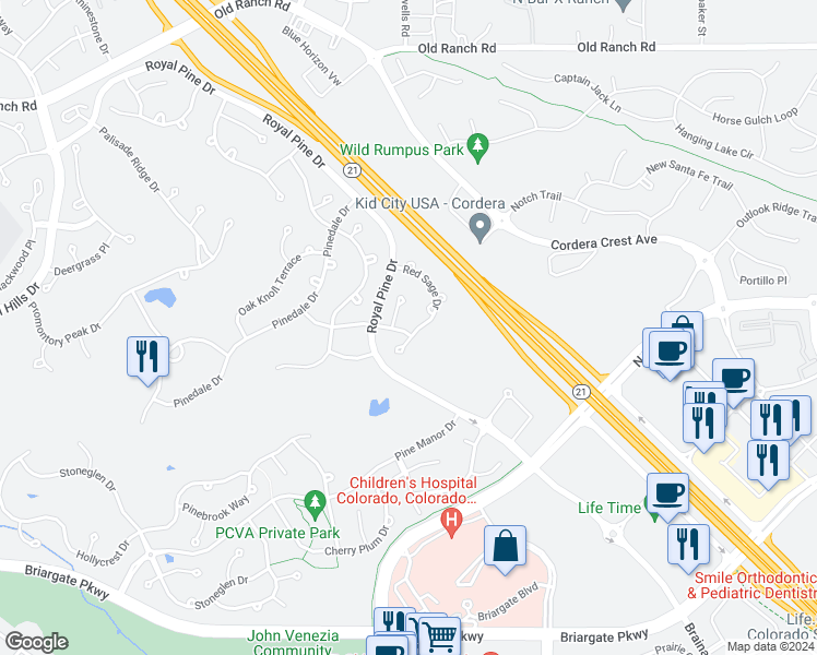 map of restaurants, bars, coffee shops, grocery stores, and more near 9914 Red Sage Drive in Colorado Springs