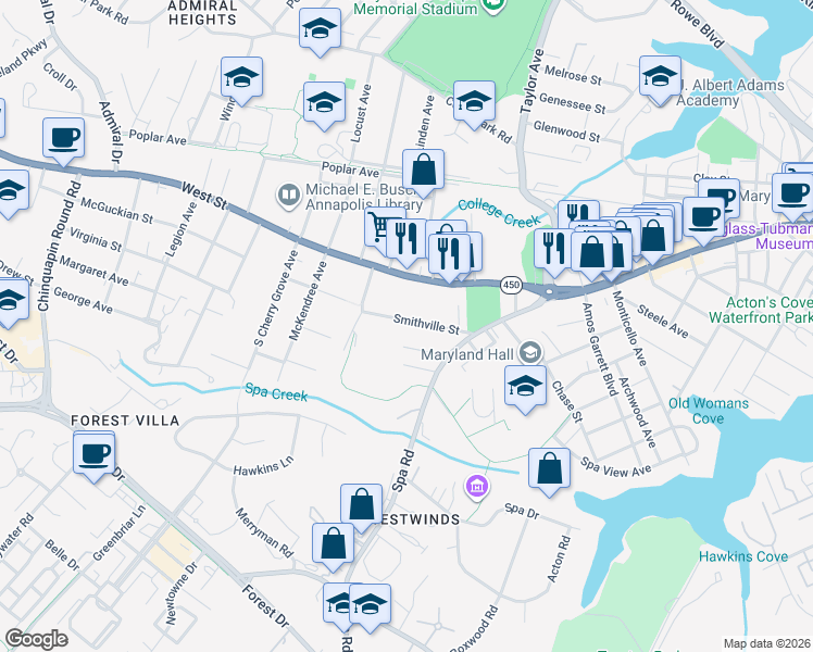 map of restaurants, bars, coffee shops, grocery stores, and more near 1029 Smithville Street in Annapolis