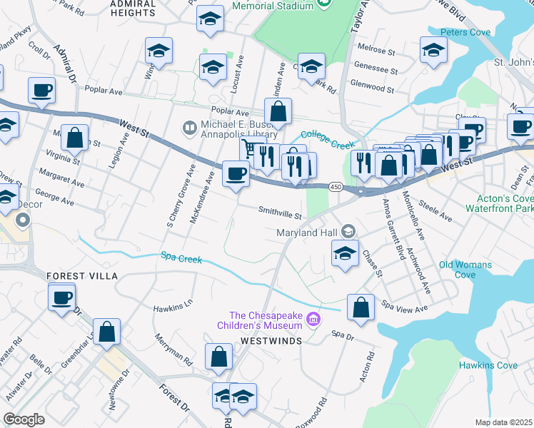 map of restaurants, bars, coffee shops, grocery stores, and more near 1029 Smithville Street in Annapolis