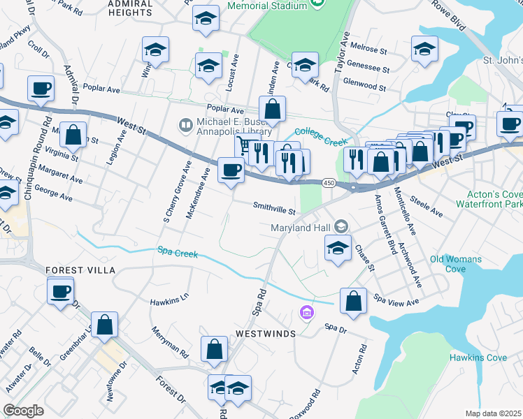 map of restaurants, bars, coffee shops, grocery stores, and more near 1029 Smithville Street in Annapolis