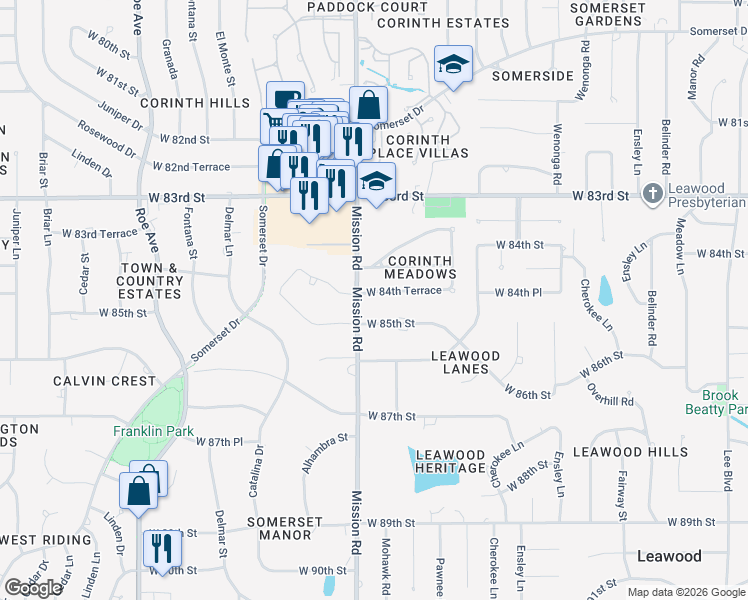 map of restaurants, bars, coffee shops, grocery stores, and more near 3600 West 85th Street in Leawood