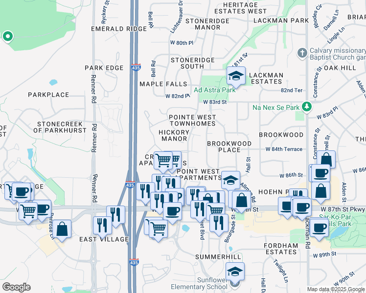 map of restaurants, bars, coffee shops, grocery stores, and more near 8448 Legler Road in Lenexa