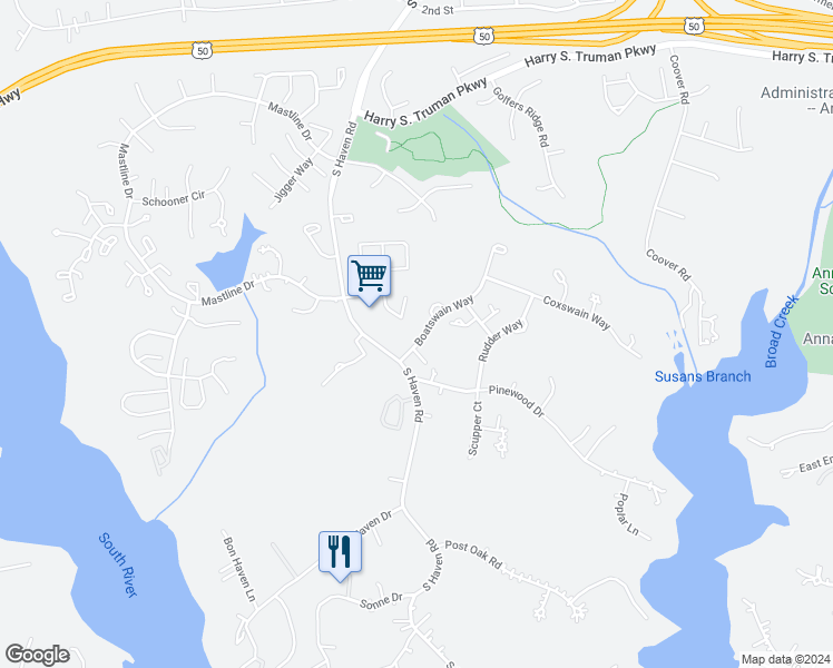 map of restaurants, bars, coffee shops, grocery stores, and more near 866 Boatswain Way in Annapolis