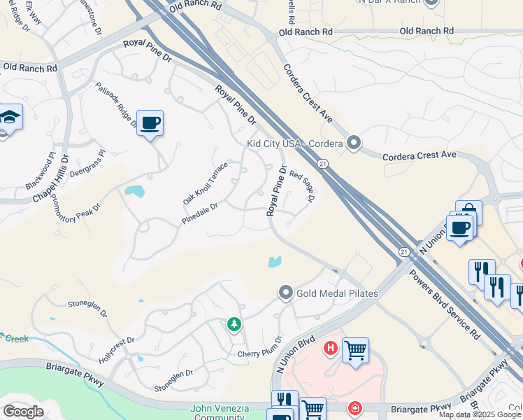 map of restaurants, bars, coffee shops, grocery stores, and more near 3716 Oak Meadow Drive in Colorado Springs