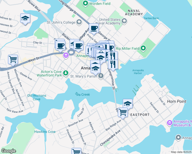map of restaurants, bars, coffee shops, grocery stores, and more near 113 Duke of Gloucester Street in Annapolis