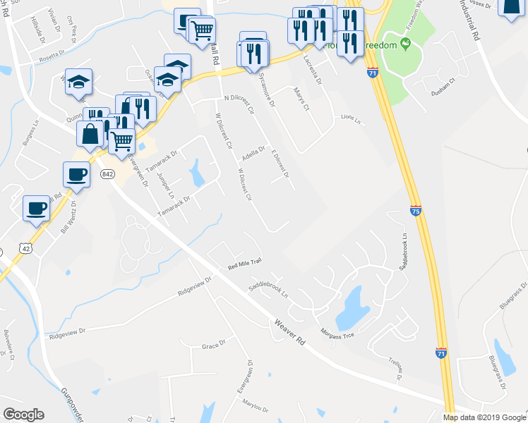 map of restaurants, bars, coffee shops, grocery stores, and more near 201 West Dilcrest Circle in Florence