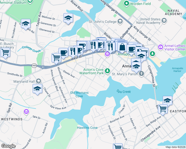 map of restaurants, bars, coffee shops, grocery stores, and more near 1 Murray Avenue in Annapolis