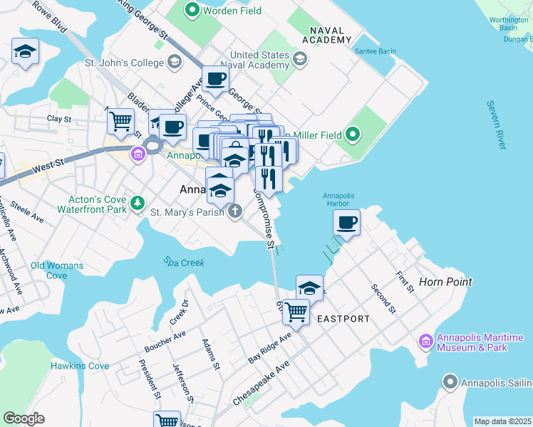 map of restaurants, bars, coffee shops, grocery stores, and more near Compromise Street in Annapolis