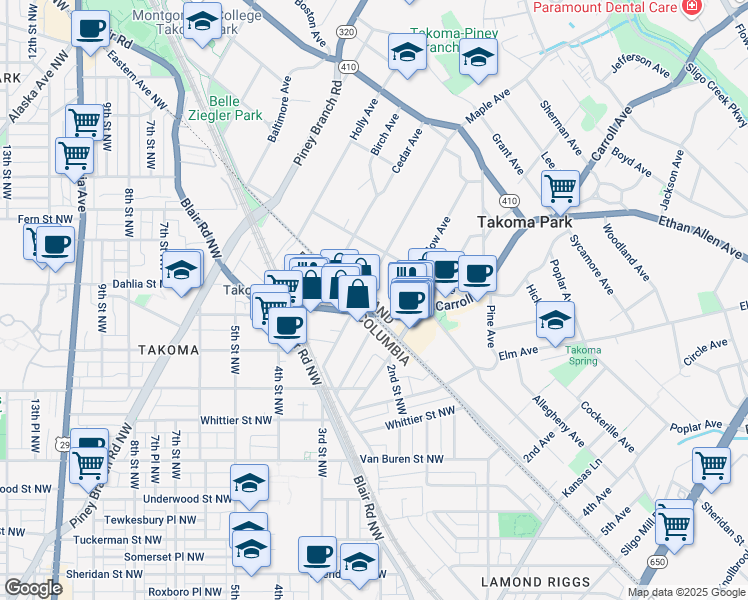map of restaurants, bars, coffee shops, grocery stores, and more near 7106 Maple Avenue in Takoma Park