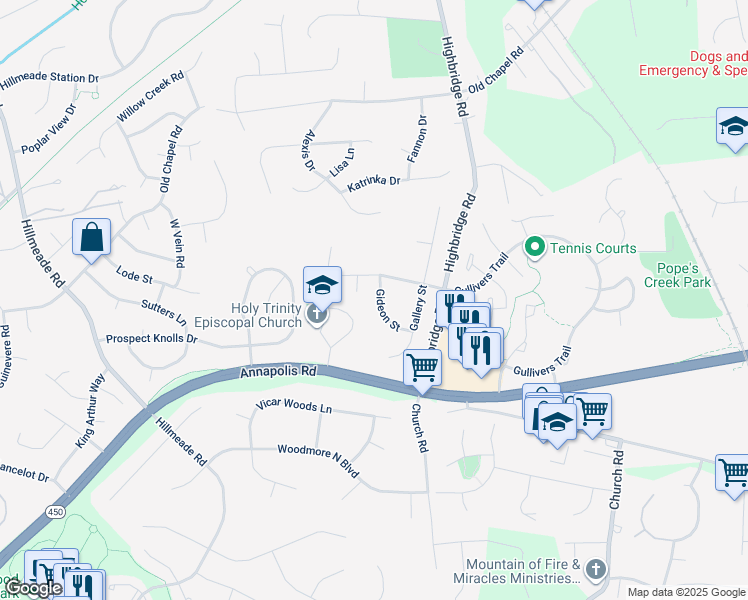 map of restaurants, bars, coffee shops, grocery stores, and more near 6212 Gideon Street in Bowie