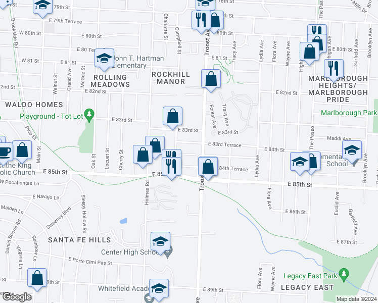 map of restaurants, bars, coffee shops, grocery stores, and more near 914 East 84th Street in Kansas City