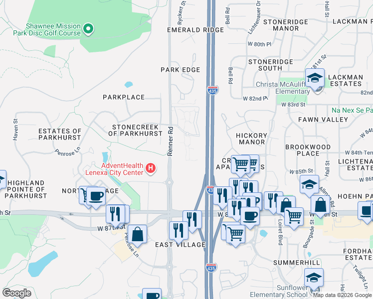 map of restaurants, bars, coffee shops, grocery stores, and more near 10747 Renner Road in Lenexa