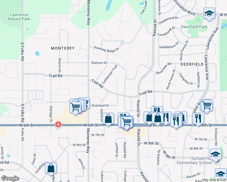 map of restaurants, bars, coffee shops, grocery stores, and more near 300-398 Tall Grass Ct in Lawrence