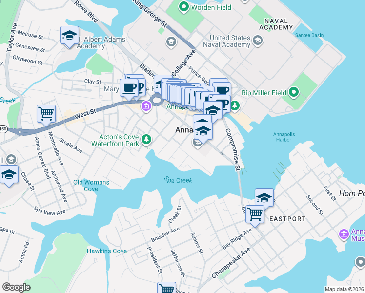 map of restaurants, bars, coffee shops, grocery stores, and more near 108 Market Street in Annapolis