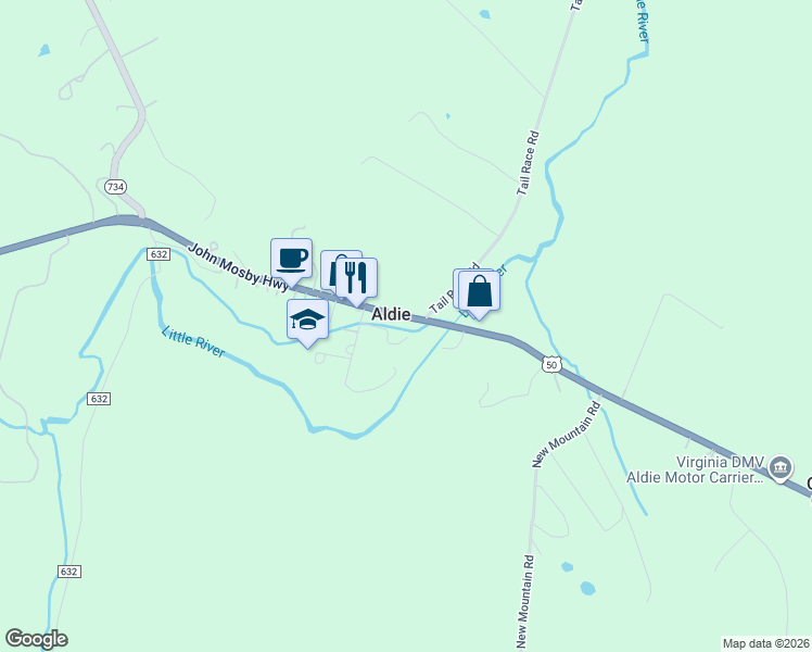 map of restaurants, bars, coffee shops, grocery stores, and more near 39401 John Mosby Highway in Aldie