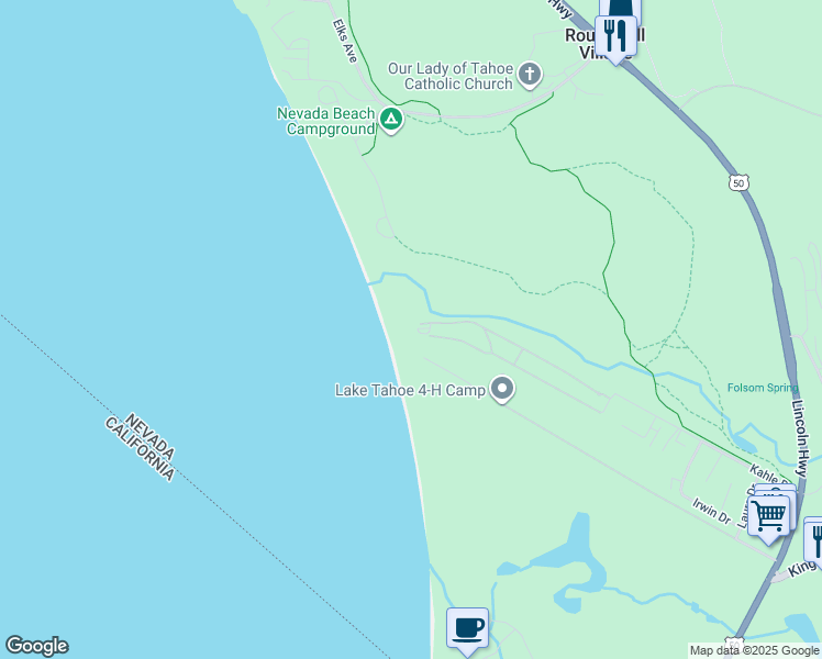 map of restaurants, bars, coffee shops, grocery stores, and more near 1 Beach Club Drive in Stateline