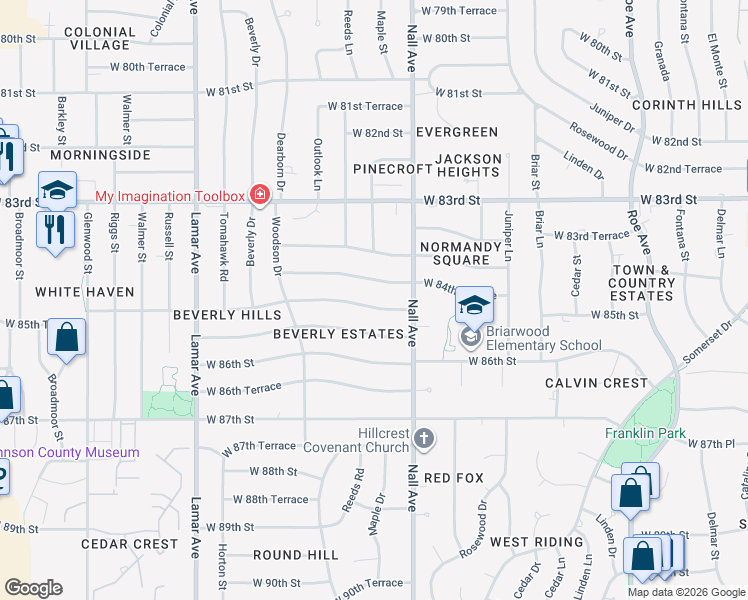 map of restaurants, bars, coffee shops, grocery stores, and more near 5520 West 84th Terrace in Overland Park