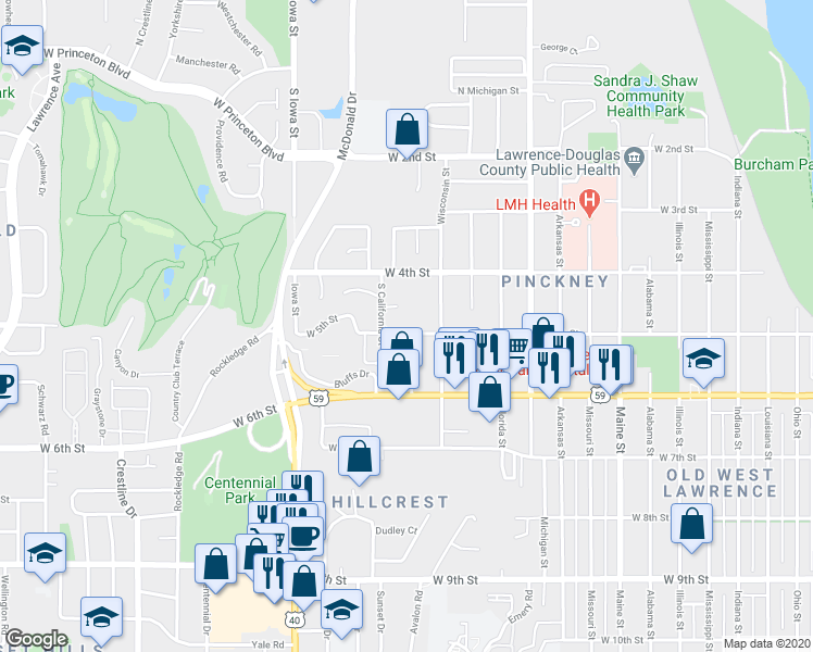 map of restaurants, bars, coffee shops, grocery stores, and more near 448 Grandview Terrace in Lawrence