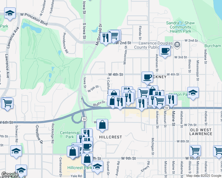 map of restaurants, bars, coffee shops, grocery stores, and more near 448 Grandview Terrace in Lawrence
