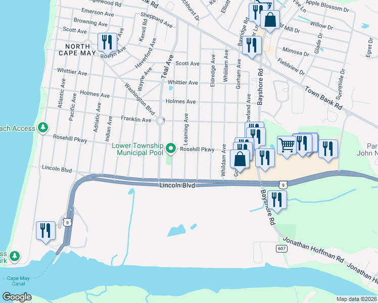map of restaurants, bars, coffee shops, grocery stores, and more near 608 Leaming Avenue in North Cape May