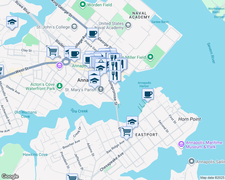 map of restaurants, bars, coffee shops, grocery stores, and more near 11 Compromise Street in Annapolis