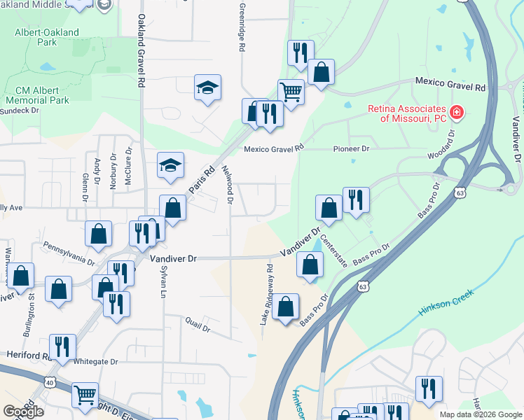 map of restaurants, bars, coffee shops, grocery stores, and more near 2854 North Willowbrook Road in Columbia
