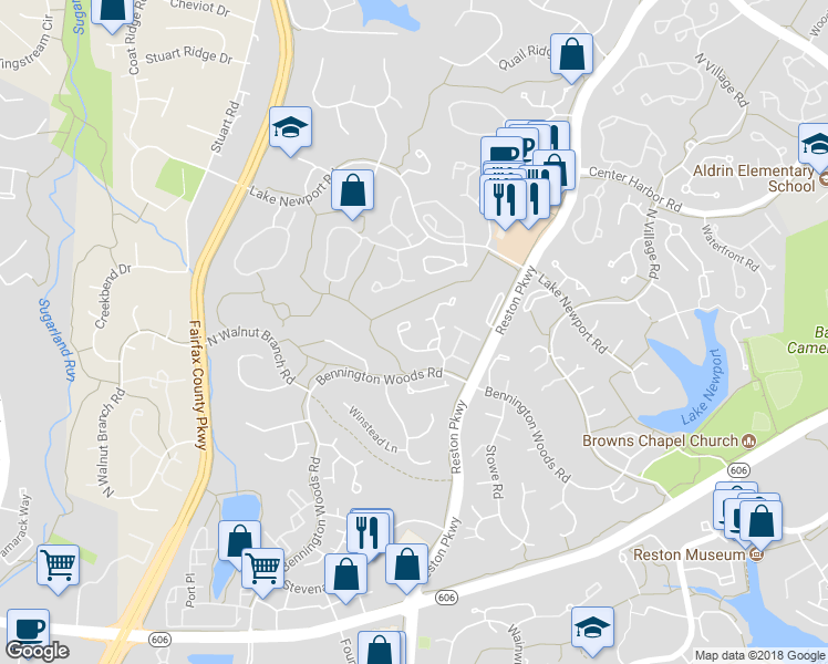 map of restaurants, bars, coffee shops, grocery stores, and more near 1609 Barnstead Drive in Reston