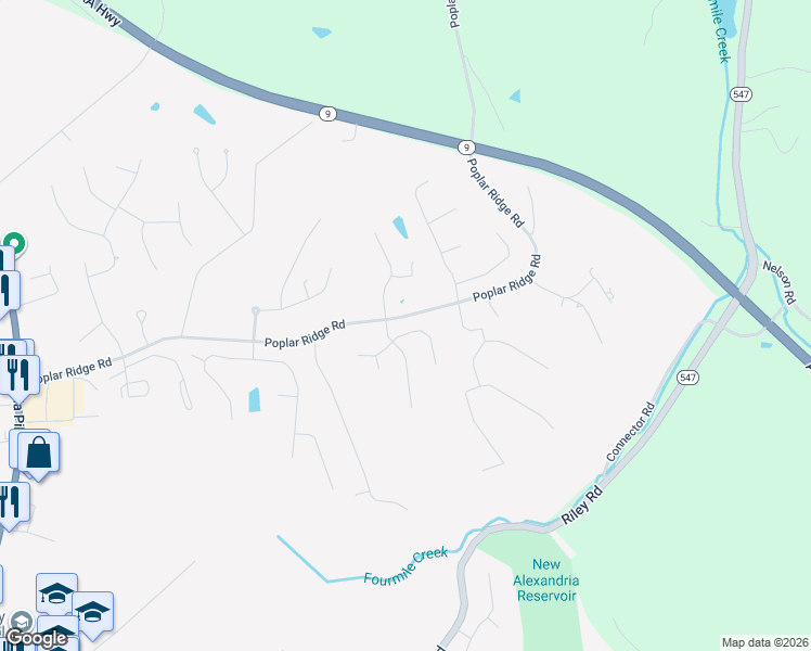 map of restaurants, bars, coffee shops, grocery stores, and more near 1356 Poplar Ridge Road in Alexandria