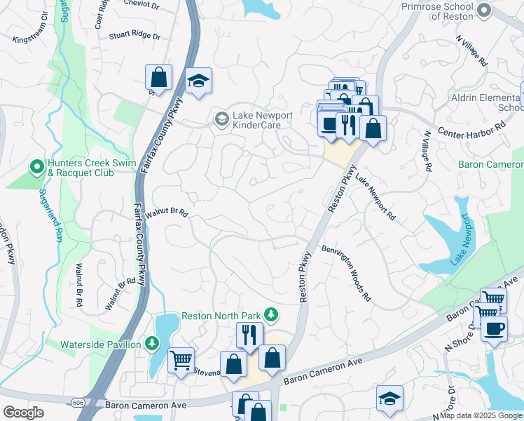 map of restaurants, bars, coffee shops, grocery stores, and more near 1626 Barnstead Drive in Reston