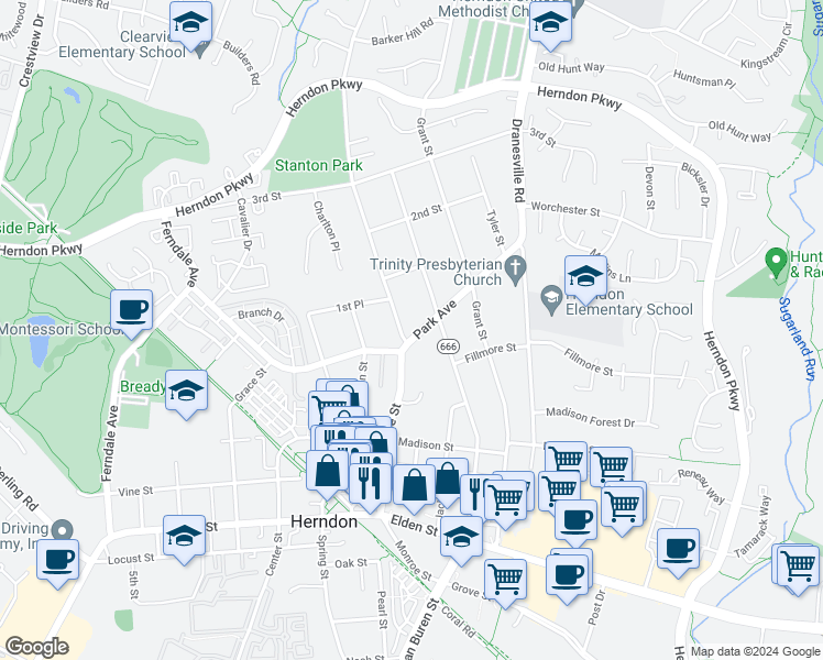 map of restaurants, bars, coffee shops, grocery stores, and more near 902 Monroe Street in Herndon