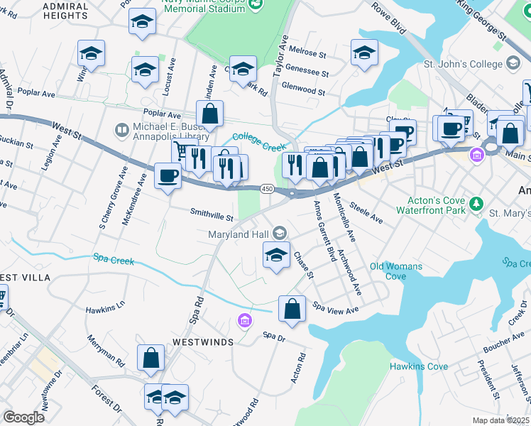 map of restaurants, bars, coffee shops, grocery stores, and more near 101 Carraway Lane in Annapolis