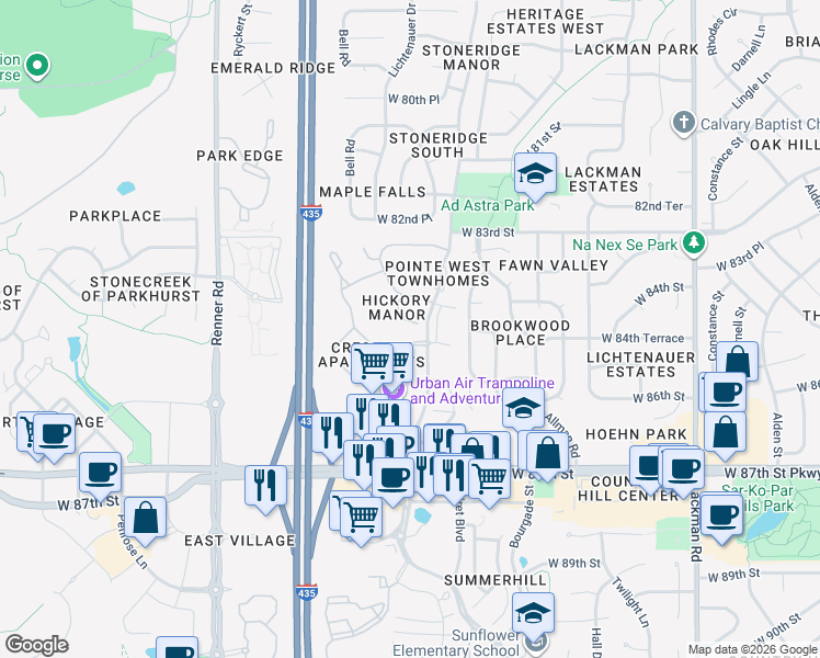 map of restaurants, bars, coffee shops, grocery stores, and more near 8444 Legler Road in Lenexa