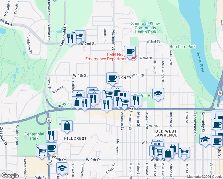 map of restaurants, bars, coffee shops, grocery stores, and more near 423 Michigan Street in Lawrence