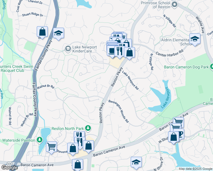 map of restaurants, bars, coffee shops, grocery stores, and more near 11758 Bayfield Court in Reston