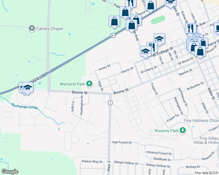 map of restaurants, bars, coffee shops, grocery stores, and more near 305 James Street in Troy