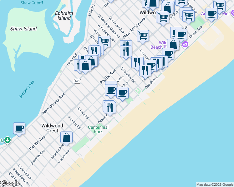map of restaurants, bars, coffee shops, grocery stores, and more near 6000 Atlantic Avenue in Wildwood
