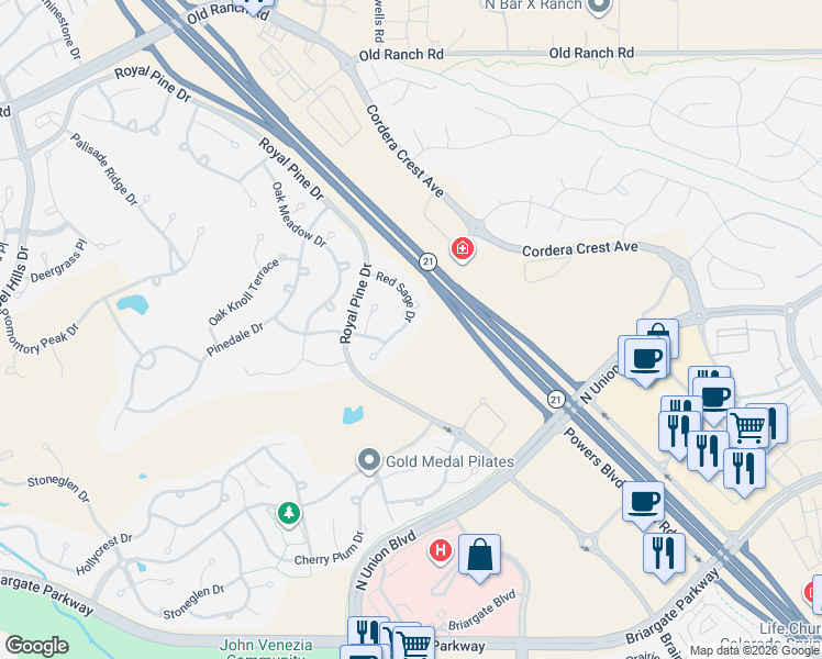 map of restaurants, bars, coffee shops, grocery stores, and more near 9978 Red Sage Drive in Colorado Springs