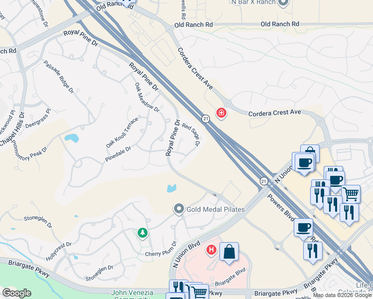map of restaurants, bars, coffee shops, grocery stores, and more near 9968 Rose Leaf Court in Colorado Springs