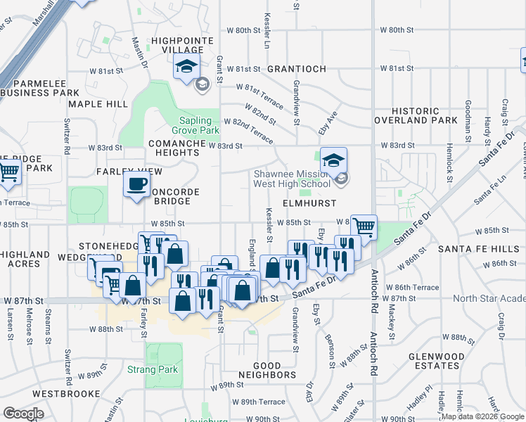 map of restaurants, bars, coffee shops, grocery stores, and more near 8427 England Street in Overland Park