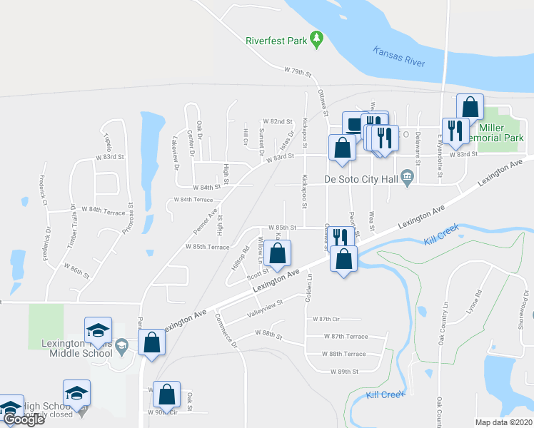 map of restaurants, bars, coffee shops, grocery stores, and more near 33600 West 85th Street in De Soto