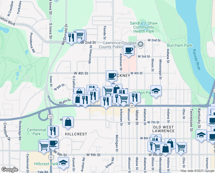 map of restaurants, bars, coffee shops, grocery stores, and more near 423 Michigan Street in Lawrence