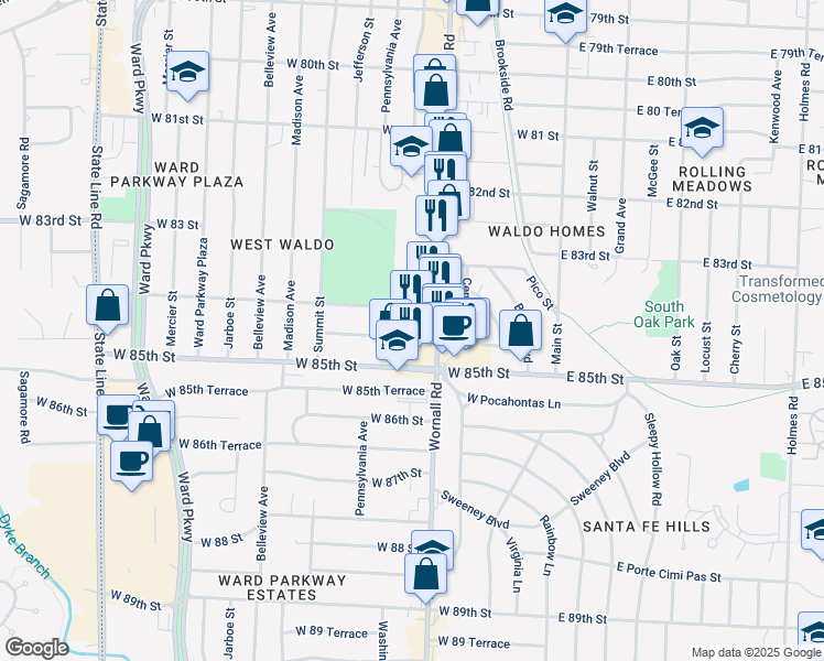 map of restaurants, bars, coffee shops, grocery stores, and more near 419 West 84th Street in Kansas City