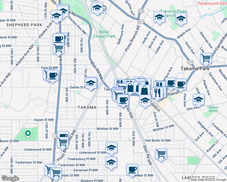 map of restaurants, bars, coffee shops, grocery stores, and more near 7035 Blair Road Northwest in Washington