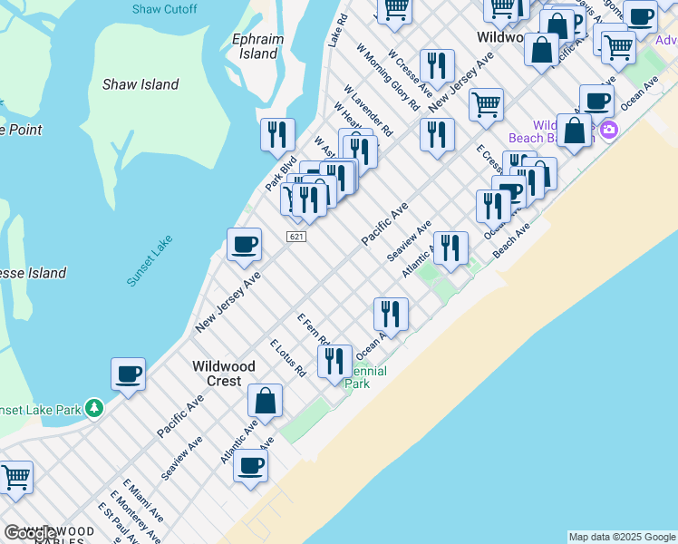 map of restaurants, bars, coffee shops, grocery stores, and more near 201 East Columbine Road in Wildwood Crest