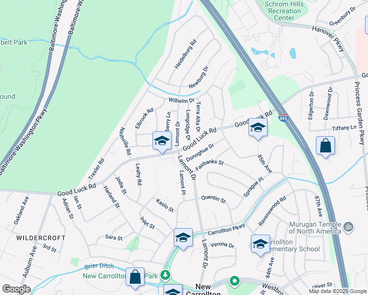 map of restaurants, bars, coffee shops, grocery stores, and more near 7202 Good Luck Road in Lanham