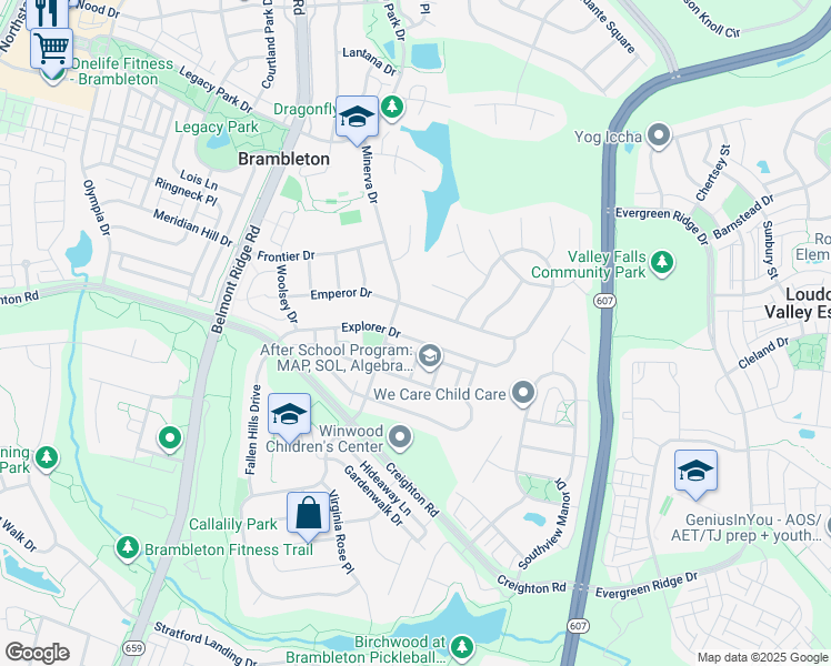 map of restaurants, bars, coffee shops, grocery stores, and more near 42726 Explorer Drive in Brambleton