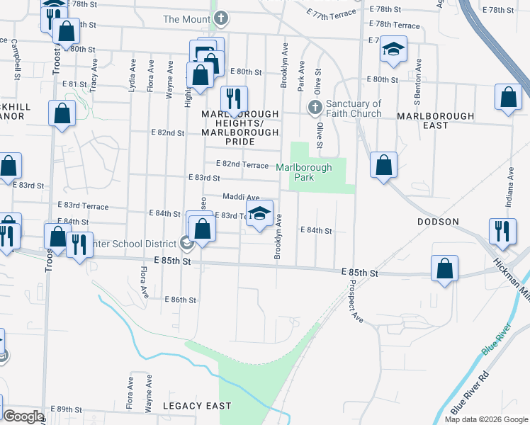 map of restaurants, bars, coffee shops, grocery stores, and more near 2129 Maddi Avenue in Kansas City