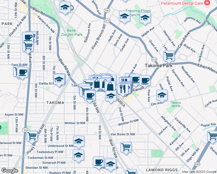 map of restaurants, bars, coffee shops, grocery stores, and more near 6980 Maple Street Northwest in Washington