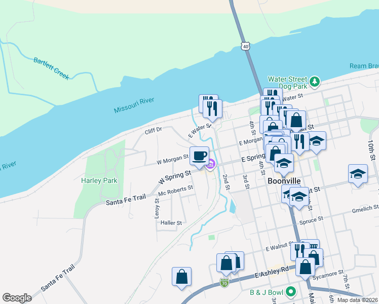 map of restaurants, bars, coffee shops, grocery stores, and more near 119 West Morgan Street in Boonville