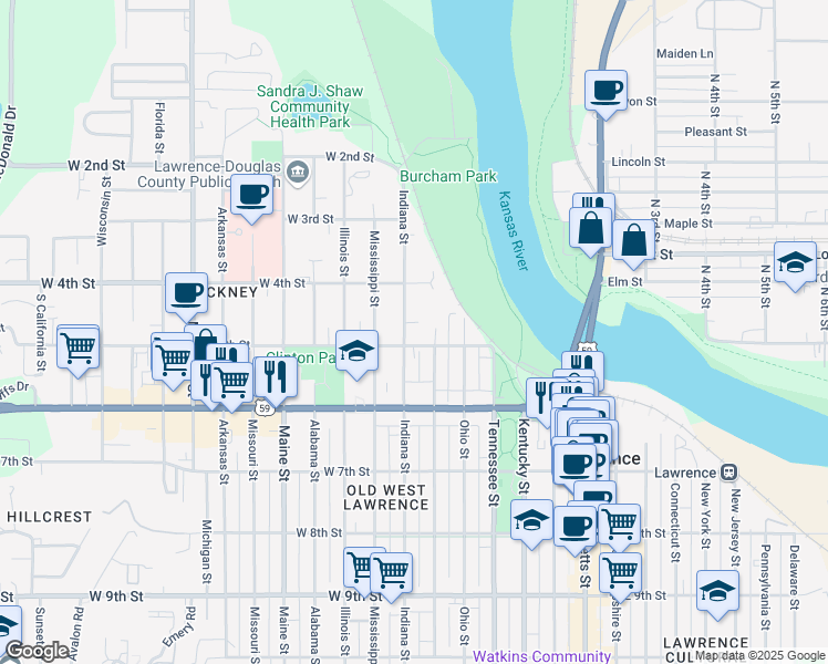 map of restaurants, bars, coffee shops, grocery stores, and more near 436 Indiana Street in Lawrence